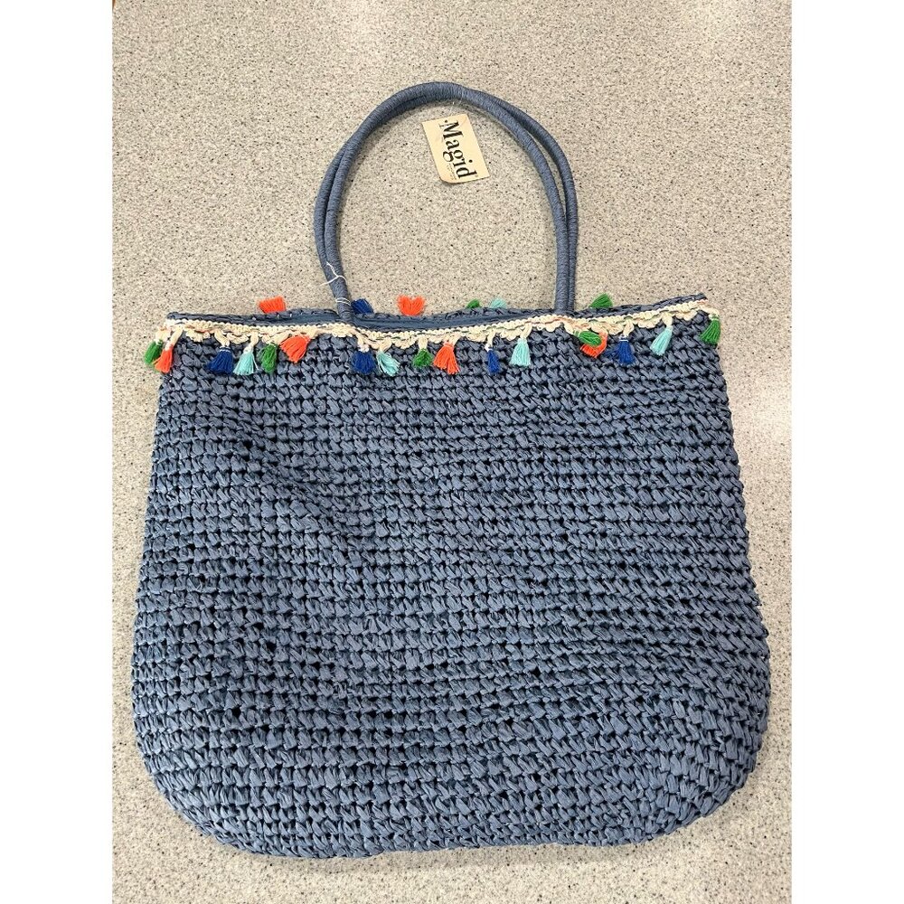 Magid Medium Blue Paper Straw Crochet‎ Lined Tote Bag Beach Tassels